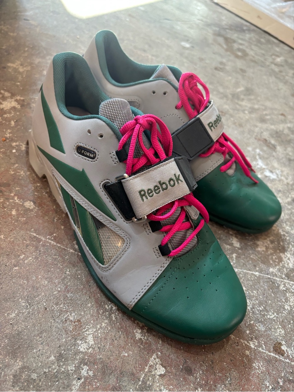 Reebok Women's Green and Gray Power lifting Shoes with Pink Laces